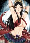  armlet armpits arms_up bell belt black_hair blush breasts crown fang goddess_nakee highres jewelry lamia long_hair medium_breasts midriff monster_girl navel necklace original scales signature skirt slit_pupils solo xtermination yellow_eyes 