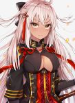  arm_guards bangs black_bow black_coat black_cola blush bow breasts cleavage cleavage_cutout closed_mouth coat commentary dark_skin dress eyebrows_visible_through_hair fate/grand_order fate_(series) grey_background hair_between_eyes hair_bow hair_ornament heart heart-shaped_pupils highres large_breasts long_hair looking_at_viewer okita_souji_(alter)_(fate) okita_souji_(fate)_(all) open_clothes open_coat red_dress short_sleeves silver_hair simple_background solo sword symbol-shaped_pupils tassel underboob underboob_cutout upper_body v-shaped_eyebrows very_long_hair weapon 