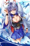  aircraft airplane animal_ear_fluff animal_ears azur_lane bangs blue_eyes blue_hakama breasts cleavage closed_mouth collarbone fox_ears fox_girl fox_mask fox_tail hakama hakama_skirt holding holding_mask japanese_clothes kaga_(azur_lane) large_breasts mask multiple_tails ribbon-trimmed_sleeves ribbon_trim ryou_(pix_gallerio) shikigami short_hair smile solo tail tassel water white_hair wide_sleeves 