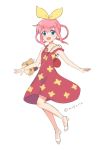  :d animal_bag bag bangs bare_shoulders blue_eyes blush cat_bag cosplay dress eyebrows_visible_through_hair full_body ganko-chan ganko-chan_(cosplay) ganko-chan_(series) hair_between_eyes hair_ribbon hair_rings long_hair looking_at_viewer mugi_(iccomae) open_mouth pink_hair red_dress ribbon sandals sherlock_shellingford shoulder_bag sidelocks simple_background sleeveless sleeveless_dress smile solo strap_slip tantei_opera_milky_holmes twitter_username white_background white_footwear yellow_ribbon 