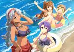  asymmetrical_bangs bangs bare_shoulders beach bikini blonde_hair blue_eyes bracelet braid braided_ponytail breasts brown_hair clam_shell cleavage dark_skin earrings eiyuu_densetsu estelle_bright facial_mark forehead_mark frilled_bikini frilled_swimsuit frills goggles goggles_on_headwear hair_ornament hairband hand_in_hair hand_on_hip hat hoop_earrings innertube jewelry klose_rinz large_breasts long_hair looking_at_viewer medium_breasts midriff multiple_girls navel navel_piercing necklace ocean official_art one_eye_closed outstretched_arms parted_bangs partially_submerged piercing pinky_ring purple_eyes purple_hair red_eyes sarong scherazard_harvey short_hair silver_hair single_braid small_breasts smile sora_no_kiseki standing starfish swimsuit tita_russell twintails 