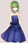  ahoge artoria_pendragon_(all) bangs blue_bow blue_ribbon blue_skirt bow c.c. code_geass collarbone cosplay cowboy_shot eyebrows_visible_through_hair fate/stay_night fate_(series) green_hair grey_background hair_between_eyes hair_ribbon highres jewelry looking_at_viewer lucky_keai necklace pantyhose pleated_skirt ribbon saber saber_(cosplay) shiny shiny_hair short_hair sidelocks simple_background skirt skirt_hold sleeveless solo standing strapless white_legwear yellow_eyes 