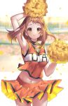  absurdres arm_over_head arm_up armpits blurry blurry_background blush boku_no_hero_academia breasts brown_eyes brown_hair cheerleader choker clothes_writing commentary confetti crop_top highres kinty large_breasts long_hair looking_at_viewer midriff navel orange_shirt orange_skirt pleated_skirt pom_poms shirt skirt sleeveless sleeveless_shirt smile solo symbol_commentary thighs uraraka_ochako 