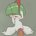  1girl blush bob_cut cum cum_in_pussy disembodied_penis erection full_body gen_3_pokemon green_background green_hair hair_over_eyes hands_up highres open_mouth penis pokemon pokemon_(creature) ralts short_hair simple_background solo spread_legs uncensored youjomodoki 