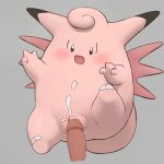  1girl black_eyes blush clefable cum cum_on_body cum_on_lower_body disembodied_penis ejaculation erection full_body gen_1_pokemon grey_background grinding hands_up highres lying no_humans on_back open_mouth orgasm penis pokemon pokemon_(creature) pussy simple_background solo spread_legs tail uncensored youjomodoki 