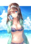  bangs bikini bikini_day blue_bikini blue_eyes blue_sky blush breasts brown_hair can cleavage closed_mouth cloud collarbone commentary day eyebrows_visible_through_hair fingernails green_jacket groin hair_between_eyes hairband hand_up holding holding_can hood hood_down hooded_jacket horizon idolmaster idolmaster_cinderella_girls jacket large_breasts long_hair long_sleeves ocean open_clothes open_jacket outdoors plaid plaid_bikini sagisawa_fumika sky solo swimsuit water zinczinc_ka 