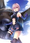  armored_leotard asagi_koko black_legwear black_leotard blue_sky cloud elbow_gloves fate/grand_order fate_(series) from_below gloves hair_between_eyes hair_over_one_eye highres holding_shield leotard mash_kyrielight midriff navel navel_cutout open_mouth outdoors pink_hair purple_eyes purple_gloves shield shiny shiny_hair short_hair sky solo standing stomach thigh_strap thighhighs 