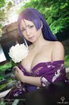  breasts cleavage cosplay fate/grand_order fate_(series) highres japanese_clothes kimono large_breasts long_hair looking_at_viewer minamoto_no_raikou_(fate/grand_order) no_bra outdoors photo purple_eyes purple_hair solo yoshinobi yukata 