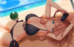  alternate_costume armpits arms_up beach bikini black_bikini blue_eyes blue_sky blush breasts brown_hair cleavage closed_mouth collarbone commentary_request day food front-tie_top fruit groin hair_between_eyes hazuki_akaoto kantai_collection knees_up large_breasts long_hair looking_at_viewer lying navel ocean on_back outdoors ponytail sand saratoga_(kantai_collection) shade side-tie_bikini side_ponytail sidelocks sky smile solo stomach swimsuit thighs umbrella watermelon waves 