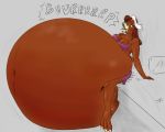  3_toes anthro avian beak bed belly big_belly bird breasts burping clothed clothing digital_media_(artwork) english_text female hair hyper hyper_belly navel oral_vore owl simple_background solo sound_effects text toes underwear vore warlus wiggle 