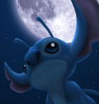  2004 alien antennae back_spines blue_body blue_eyes blue_nose digital_media_(artwork) digital_painting_(artwork) disney experiment_(species) lilo_and_stitch low-angle_view moon night night_sky notched_ear outside ribera solo stitch watermark 