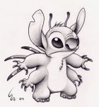  2004 4_arms 4_fingers alien back_spines chest_tuft claws disney experiment_(species) fur graphite_(artwork) greyscale head_tuft lilo_and_stitch low_res monochrome multi_arm multi_limb notched_ear ribera signature simple_background soft_shading standing stitch traditional_media_(artwork) tuft white_background 