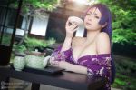  breasts cleavage cosplay day fate/grand_order fate_(series) highres japanese_clothes kimono large_breasts long_hair looking_at_viewer minamoto_no_raikou_(fate/grand_order) no_bra outdoors photo purple_eyes purple_hair solo yoshinobi yukata 