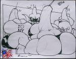  ! &lt;3 2018 ? ambiguous_gender animate_inanimate anthro big_butt black_and_white breasts butt clothing female group humanoid monochrome musical_note scalie simple_background thong walter_sache white_background 