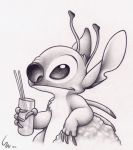  2004 4_fingers alien antennae back_spines beverage chest_tuft dipstick_antennae disney experiment_(species) fur graphite_(artwork) greyscale head_tuft holding_object lilo_and_stitch monochrome notched_ear ribera rock simple_background soft_shading solo stitch traditional_media_(artwork) tuft white_background 