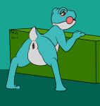  2016 3_fingers amphibian animal_crossing anthro anus arm_support bedroom_eyes bent_over biped blue_background blue_skin blue_tail blue_theme blush brown_eyes butt clitoris countershade_face countershade_tail countershade_torso countershading digital_drawing_(artwork) digital_media_(artwork) digitigrade female frog full-length_portrait half-closed_eyes lily_(animal_crossing) looking_at_viewer looking_back multicolored_skin nintendo nude open_mouth open_smile pink_pussy portrait presenting presenting_hindquarters presenting_pussy pussy rear_view seductive short_tail simple_background smile solo standing table telem two_tone_skin two_tone_tail video_games white_anus white_countershading white_skin white_tail 