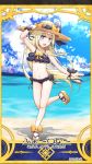  abigail_williams_(fate/grand_order) arm_up bangs bare_legs bare_shoulders beach bikini black_bikini black_bow blue_sky blush bow bow_bikini brown_footwear card_(medium) cloud cloudy_sky collarbone commentary_request crossed_bandaids day eyebrows_visible_through_hair fate/grand_order fate_(series) frilled_bikini frills hand_on_headwear hat hat_bow highres horizon long_hair navel neon-tetora ocean orange_bow outdoors parted_bangs platform_footwear sand sandals sky solo standing standing_on_one_leg straw_hat sun_hat swimsuit tentacles translated very_long_hair water wrist_bow 