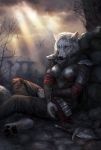  2018 5_fingers anthro armor barefoot blood breasts canine clothed clothing day detailed_background digital_media_(artwork) digitigrade eyes_closed female fur hair mammal outside sky solo white_fur white_hair wolf wolnir 
