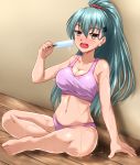  alternate_hairstyle aqua_hair barefoot blush bra breasts brown_eyes cleavage collarbone commentary_request food hair_between_eyes hair_ornament hairclip highres indian_style kantai_collection large_breasts long_hair looking_at_viewer navel open_mouth panties pink_bra pink_panties ponytail popsicle sitting solo sports_bra suzuya_(kantai_collection) sweat underwear underwear_only zanntetu 