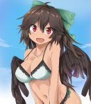  :d bare_arms bare_shoulders bikini bikini_day black_wings blue_sky breasts brown_hair cleavage cloud collarbone commentary_request day eyebrows_visible_through_hair feathered_wings green_bikini groin hair_between_eyes head_tilt highres large_breasts long_hair looking_at_viewer navel open_mouth outdoors red_eyes reiuji_utsuho sky smile solo stomach strap_gap swimsuit tan touhou tyouseki upper_body v_arms wings 