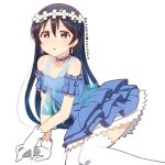  arm_support bangs bare_shoulders blue_hair blush choker commentary_request dress earrings eyebrows_visible_through_hair flower gloves hair_between_eyes hair_ornament head_wreath jewelry long_hair looking_at_viewer love_live! love_live!_school_idol_project open_mouth simple_background skull573 solo sonoda_umi thighhighs white_gloves white_legwear yellow_eyes yume_no_tobira 