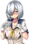  black_bra blue_eyes blush bottle bra breasts commentary_request eyebrows_visible_through_hair gloves hair_ornament hair_over_one_eye hairclip hamakaze_(kantai_collection) kantai_collection large_breasts looking_at_viewer neckerchief sailor_collar school_uniform serafuku shirt short_hair short_sleeves silver_hair simple_background solo terakoya underwear wet wet_clothes white_background white_gloves white_shirt 