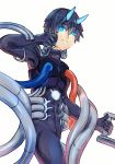  absurdres bangs black_bodysuit black_gloves black_hair blue_eyes blue_horns bodysuit commentary_request darling_in_the_franxx eyebrows_visible_through_hair gloves highres hiro_(darling_in_the_franxx) holding horns looking_at_viewer male_focus oni_horns pilot_suit redfish solo tube 