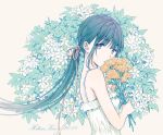  artist_name bangs bare_arms bare_shoulders black_hair blunt_bangs brown_eyes commentary_request dated dress eyebrows_visible_through_hair floral_background flower flower_request frilled_dress frills from_side green hair_ribbon hiten_(hitenkei) holding holding_flower leaf long_hair looking_back orange_flower orange_ribbon original pale_color ribbon solo tareme upper_body white_dress 