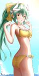  absurdres ass bangs bikini blue_sky blush bow breasts chestnut_mouth cleavage cloud collarbone day dragon_horns eyebrows_visible_through_hair fate/grand_order fate_(series) green_hair hair_between_eyes hair_bow hair_ornament hands_up high_ponytail highres horizon horns kiyohime_(fate/grand_order) kiyohime_(swimsuit_lancer)_(fate) large_breasts long_hair looking_at_viewer moyoron ocean outdoors parted_lips ponytail sky solo swimsuit very_long_hair water yellow_bikini yellow_bow yellow_eyes 