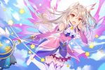  :d blonde_hair blue_sky boots cloud commentary_request detached_sleeves dress earrings energy_wings eyebrows_visible_through_hair fate/kaleid_liner_prisma_illya fate_(series) flying hair_between_eyes hair_ornament illyasviel_von_einzbern jewelry long_hair looking_at_viewer magical_girl magical_ruby magical_sapphire multicolored multicolored_clothes multicolored_dress one_side_up open_mouth prisma_illya_(zwei_form) red_eyes rie_(reverie) sky smile solo star star_earrings thigh_boots thighhighs v wand white_footwear 