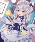  :d absurdres animal apron apron_hold azur_lane bangs belchan_(azur_lane) belfast_(azur_lane) bird blue_dress blue_eyes blurry blurry_background blush braid depth_of_field dress dutch_angle elbow_gloves eyebrows_visible_through_hair frilled_apron frills gloves hair_between_eyes highres indoors long_hair looking_at_viewer one_side_up open_mouth sapphire_(sapphire25252) silver_hair sleeveless sleeveless_dress smile solo waist_apron white_apron white_gloves younger 