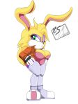  2018 breasts bunnie_rabbot cleavage clothed clothing female fur green_eyes hands_on_hips jacket lagomorph looking_at_viewer mammal rabbit raccoonshinobi simple_background solo sonic_(series) wide_hips yellow_fur 