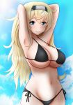 bikini black_bikini blonde_hair blue_eyes breasts cleavage cloud cloudy_sky collarbone commentary_request cowboy_shot day gambier_bay_(kantai_collection) hair_between_eyes hair_down hifumi_kei highres kantai_collection large_breasts navel sky smile solo swimsuit 