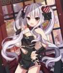  :d absurdres azur_lane bangs bare_shoulders black_bow black_dress blurry blurry_background bow breasts bridal_gauntlets china_dress chinese_clothes cleavage depth_of_field diagonal_stripes dress eyebrows_visible_through_hair fang hair_between_eyes hair_bow hair_ornament hand_on_hip heart heart_hair_ornament highres holding holding_hair long_hair looking_at_viewer medium_breasts open_mouth rainbow red_eyes sapphire_(sapphire25252) short_dress silver_hair sleeveless sleeveless_dress smile solo sparkle striped twintails vampire_(azur_lane) very_long_hair 