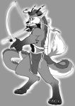  abs anthro arrow athletic biceps black_and_white black_nose bow_(weapon) canine claws clothing dragon eastern_dragon fluffy fox horn hybrid loincloth mammal monochrome muscular quiver ranged_weapon simple_background teeth weapon whiskers 