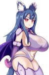  alternate_breast_size alternate_hairstyle animal_ears blue_hair breasts eyebrows_visible_through_hair familiar_(monster_girl_encyclopedia) fang fang_out highres huge_breasts long_hair looking_at_viewer monster_girl monster_girl_encyclopedia nav navel red_eyes simple_background skindentation smile solo star star-shaped_pupils symbol-shaped_pupils tail thick_thighs thighs white_background 