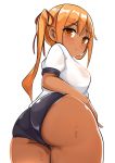  ass blonde_hair blush breasts brown_eyes buruma commentary_request dark_skin from_behind gym_uniform leaning_forward long_hair looking_back original ribbon shirt sideboob simple_background solo sweat toy_box-r twintails wet wet_clothes wet_shirt white_background white_shirt 