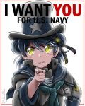  admiral_paru aqua_neckwear black_ribbon blue_hair blue_sailor_collar commentary cosplay double_bun english_commentary hand_on_hip hat hat_ribbon highres i_want_you kantai_collection long_sleeves looking_at_viewer namesake neckerchief parody pointing ribbon sailor_collar samuel_b._roberts_(kantai_collection) school_uniform serafuku shirt short_hair simple_background sleeve_cuffs solo top_hat twitter_username uncle_sam uncle_sam_(cosplay) white_background white_shirt yellow_eyes 