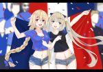  2girls absurdres blonde_hair blue_eyes braid breasts cleavage commentary denim denim_shorts eyebrows_visible_through_hair fate/grand_order fate_(series) france french_commentary french_flag highres jeanne_d'arc_(fate) jeanne_d'arc_(fate)_(all) long_hair looking_at_viewer marie_antoinette_(fate/grand_order) medium_breasts multiple_girls open_mouth purple_eyes shorts single_braid sky-mk2 smile soccer soccer_uniform sportswear twintails very_long_hair world_cup 