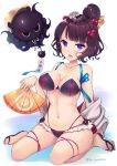  :d animal bangs bare_shoulders bikini black_bikini black_footwear blush breasts cleavage collarbone commentary eyebrows_visible_through_hair fan fate/grand_order fate_(series) folding_fan hair_bun hair_ornament hat highres holding holding_fan jacket katsushika_hokusai_(fate/grand_order) ko_yu large_breasts long_sleeves navel octopus open_clothes open_jacket open_mouth purple_eyes purple_hair sandals sitting smile solo swimsuit tokitarou_(fate/grand_order) translation_request twitter_username v-shaped_eyebrows wariza white_background white_jacket wide_sleeves wind_chime yellow_hat 