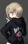  absurdres baggy_clothes bags_under_eyes bangs barbell_piercing blonde_hair bottomless clothes_writing ear_piercing eyeball eyebrows_visible_through_hair eyelashes eyes_visible_through_hair fingernails from_behind grey_background hair_over_one_eye hand_on_hip hexagram highres hood hood_down hoodie idolmaster idolmaster_cinderella_girls looking_at_viewer looking_back multiple_piercings nail_polish open_mouth piercing pointing red_eyes red_nails rudo_(rudorudo0917) shiny shiny_skin shirasaka_koume short_eyebrows short_hair simple_background sleeves_past_wrists solo star_of_david tareme triangle upper_body 