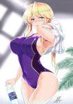  ahoge artoria_pendragon_(all) artoria_pendragon_(lancer) bangs blonde_hair blue_swimsuit blush bottle breasts collarbone competition_swimsuit covered_navel fate/grand_order fate_(series) green_eyes highres holding large_breasts leaf long_hair one-piece_swimsuit open_mouth rei_no_pool sidelocks signature smile solo swept_bangs swimsuit towel wet yasakani_an 