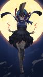  arms_at_sides bare_shoulders black_hair blue_hair boots breasts corset detached_sleeves full_moon guchico hair_between_eyes highres kemono_friends long_hair medium_breasts moon multicolored_hair red_eyes scarf solo southern_cassowary_(kemono_friends) standing thigh_boots thighhighs 
