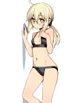  absurdres against_wall ahoge artoria_pendragon_(all) bikini black_bikini blonde_hair breasts commentary_request contrapposto expressionless fate/grand_order fate_(series) glasses hair_between_eyes hand_up highres looking_at_viewer low_ponytail mysterious_heroine_x_(alter) namonashi navel rimless_eyewear sidelocks simple_background small_breasts solo standing swimsuit white_background yellow_eyes 