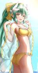  :d absurdres ass bangs bikini blue_sky blush bow breasts cleavage cloud collarbone commentary_request day dragon_horns eyebrows_visible_through_hair fate/grand_order fate_(series) green_hair hair_between_eyes hair_bow hair_ornament hands_up high_ponytail highres horizon horns kiyohime_(fate/grand_order) kiyohime_(swimsuit_lancer)_(fate) large_breasts long_hair looking_at_viewer moyoron ocean off_shoulder open_mouth outdoors ponytail see-through sky smile solo swimsuit very_long_hair water yellow_bikini yellow_bow yellow_eyes 