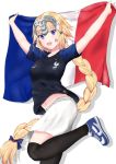  2018_fifa_world_cup arms_up black_legwear blush braid commentary_request eyebrows_visible_through_hair facepaint fate/grand_order fate_(series) france french_flag headpiece jeanne_d'arc_(fate) jeanne_d'arc_(fate)_(all) long_braid long_hair midriff navel nike over-kneehighs purple_eyes ripi_ur shoes single_braid smile sneakers soccer soccer_uniform solo sportswear standing standing_on_one_leg thighhighs very_long_hair white_background world_cup 