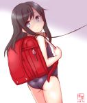 artist_logo asashio_(kantai_collection) ass backpack bag black_hair blue_eyes blue_swimsuit collar commentary_request cowboy_shot d dated empty_eyes from_behind gradient gradient_background grey_background highres kanon_(kurogane_knights) kantai_collection leash long_hair looking_at_viewer looking_back randoseru school_swimsuit solo swimsuit 