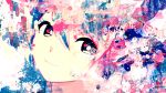  abstract abstract_background blue_hair close-up closed_mouth face hair_between_eyes hatsune_miku head_tilt limited_palette looking_at_viewer meola multicolored multicolored_eyes paint_splatter smile solo vocaloid 