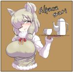  alpaca_ears alpaca_suri_(kemono_friends) animal_ears blonde_hair blush border breasts brown_background character_name closed_mouth covered_nipples cropped_torso cup eyebrows_visible_through_hair fur-trimmed_sleeves fur_collar fur_trim grey_eyes hair_over_one_eye hand_up holding holding_tray horizontal_pupils impossible_clothes kemono_friends large_breasts long_sleeves looking_at_viewer medium_hair neck_ribbon nose_blush parallax05 ribbon shirt simple_background smile solo sweater_vest teapot tray undershirt upper_body white_shirt 