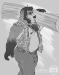  5_fingers anthro bear biceps body_hair bruteandbrawn chest_hair clothed clothing facial_hair greyscale jeans lumber lumberjack male mammal monochrome muscular muscular_male navel nipples open_shirt pants pecs sideburns simple_background slightly_chubby 